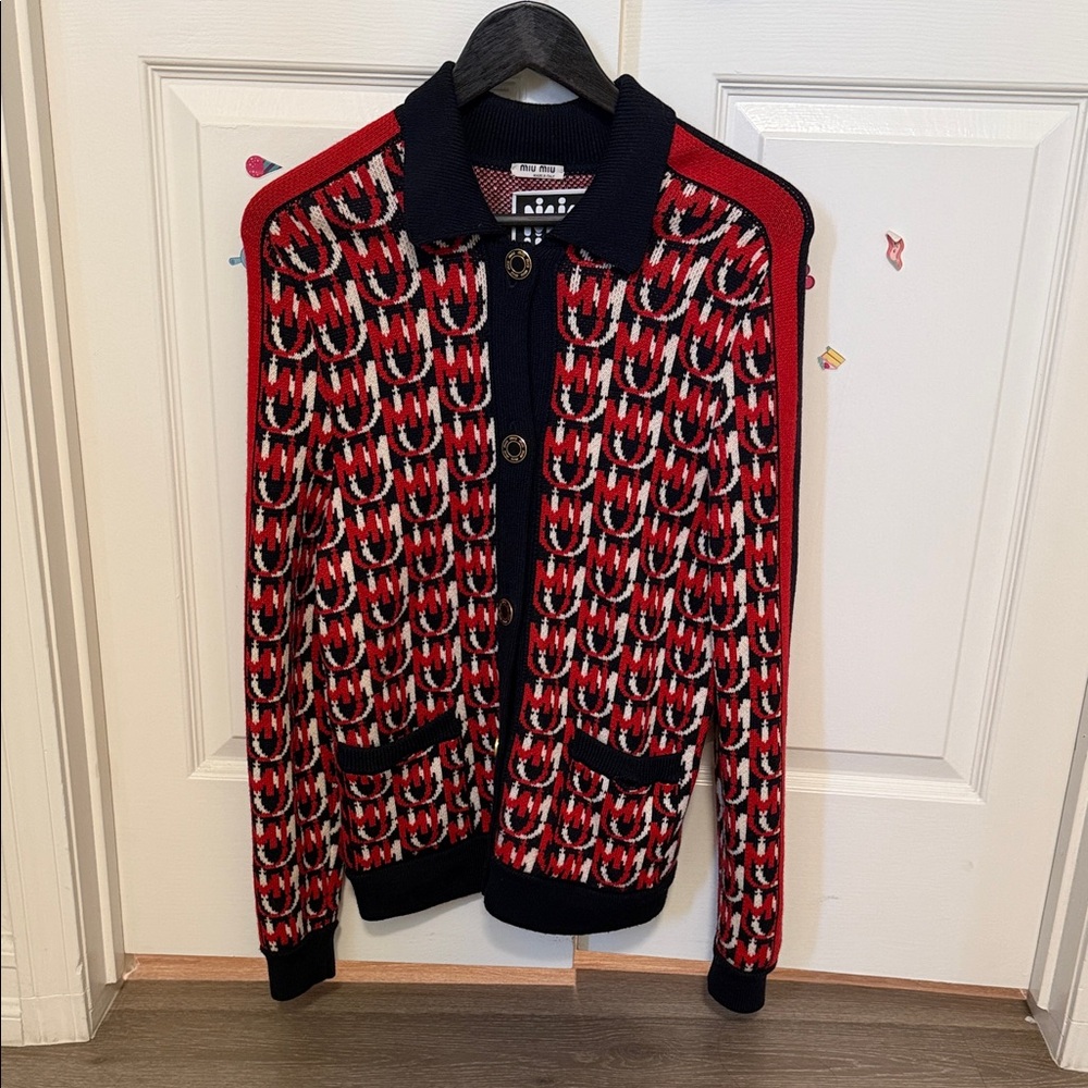 Miu Miu Red and Black Patterned Cardigan